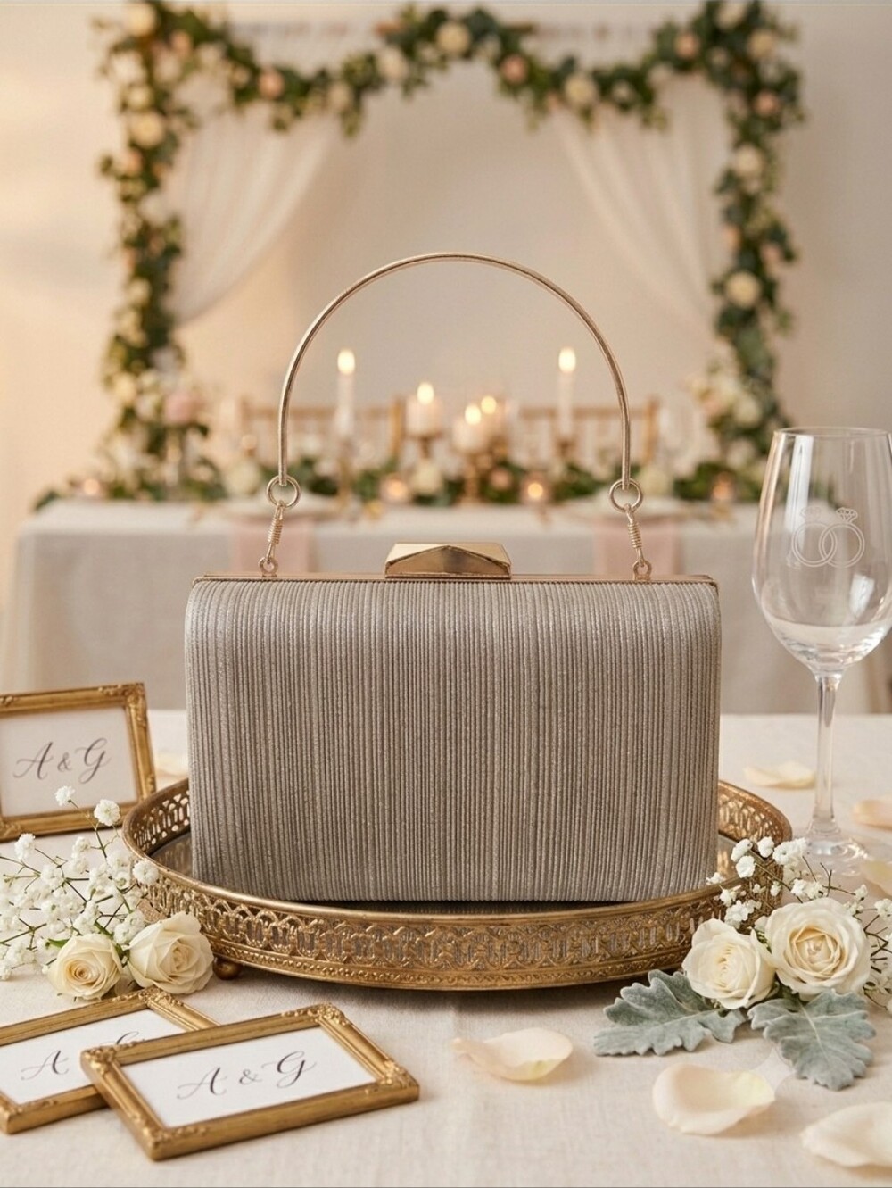 Gold-Trim Blush Textured Evening Clutch